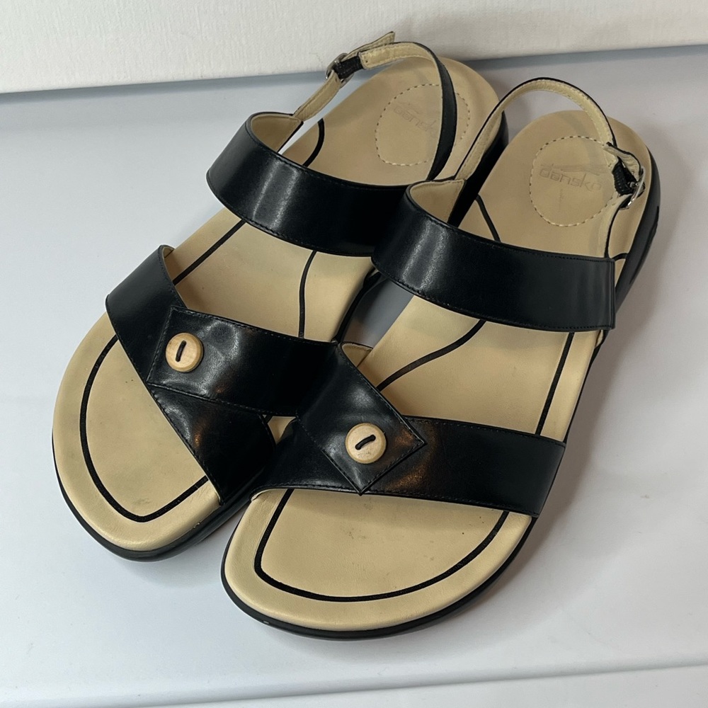 Dansko Black and Cream Leather Slingback Sandals